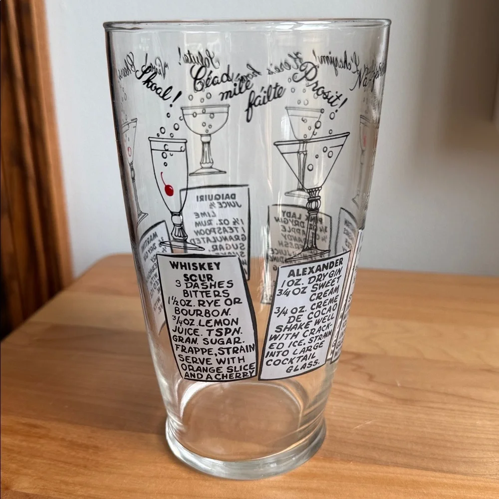 Vintage MCM Cocktail Recipe Mixing Glass Multi-Language Cheers Barware (No Lid)